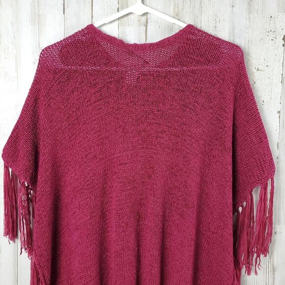 Maurices Boxy Loose Knit Fringe Shawl Sweater Maroon OSFM - Picture 8 of 11